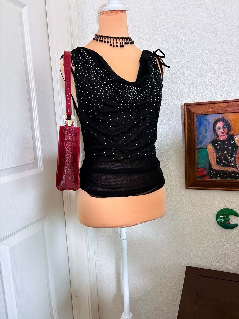 Vintage Y2K Black Rhinestone Mesh Cowl Neck Tie Shoulder Top